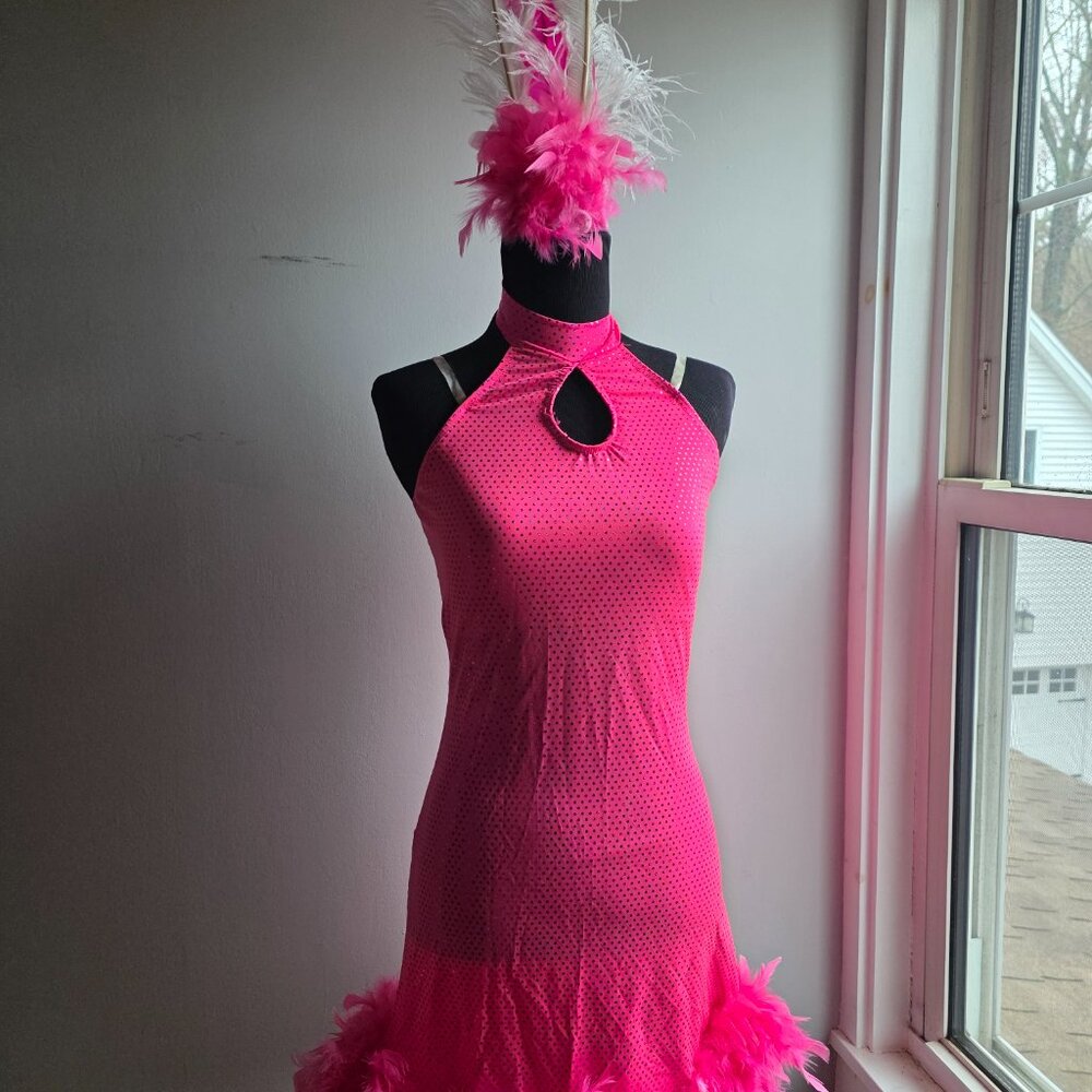 Two pink, sequined dance costumes